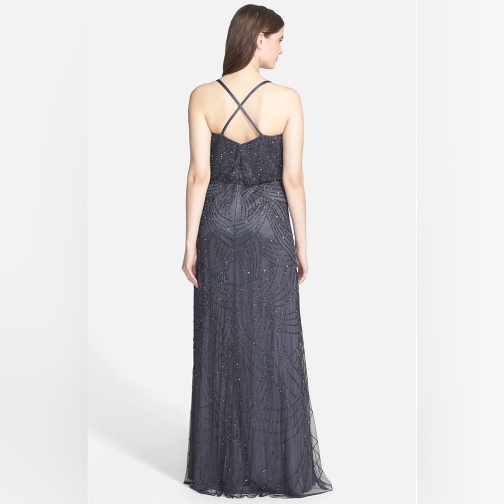 ADRIANNA PAPELL BEADED CHIFFON BLOUSON GOWN - GUNMETAL - Size 0
